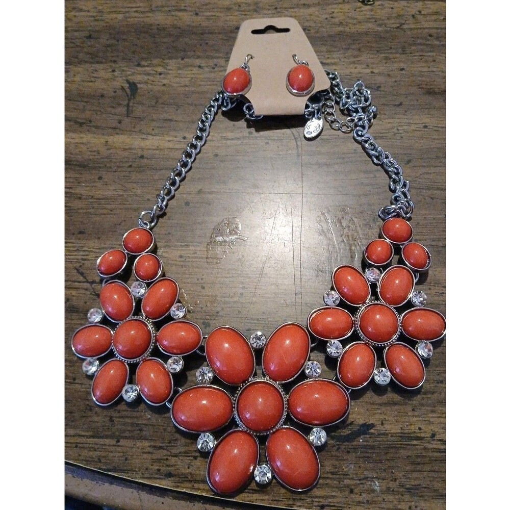 Charming Charlie Red Rhinestone Floral 16” Adj Statement Necklace & Earrings